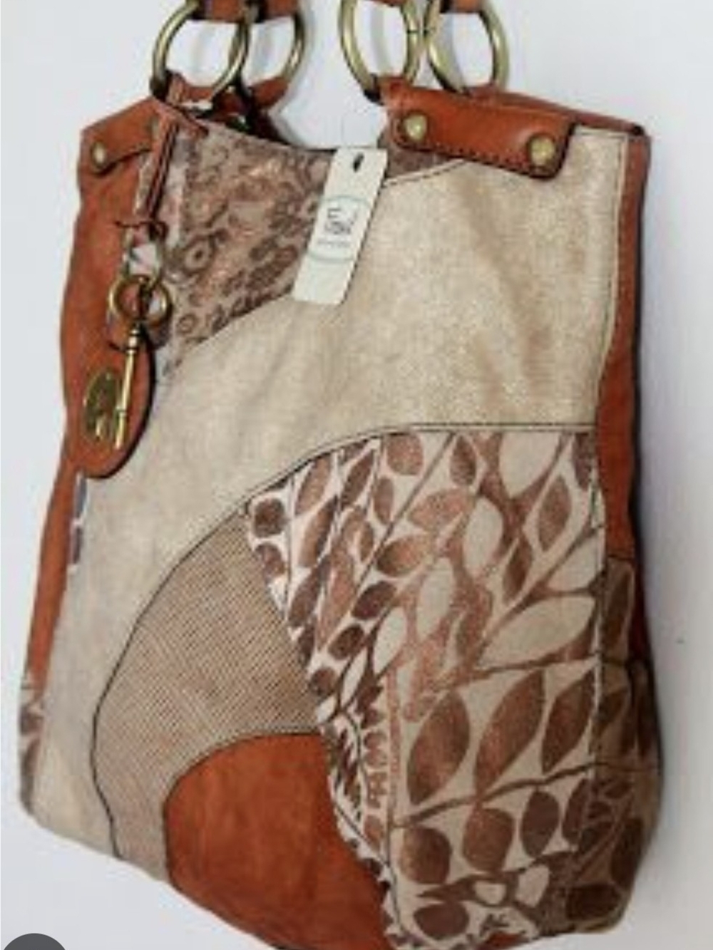 Fossil NWOT Patchwork Leather Tote Bag Patchwork in Brown and Cream